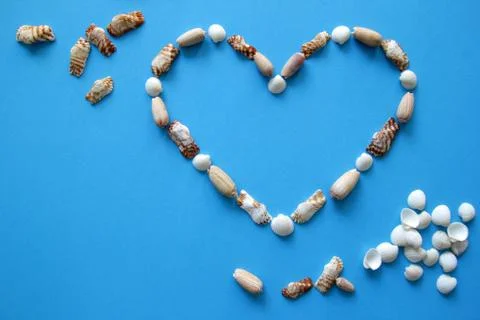 A heart from different seashells on the blue background for Valentine's Day. Stock Photos
