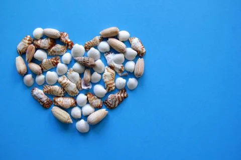 A heart from different seashells on the blue background for Valentine's Day. Foto stock
