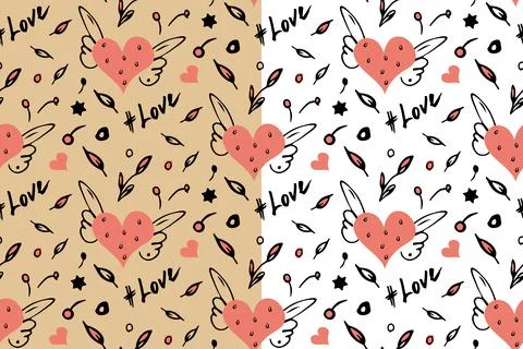 Heart doodle seamless pattern. Vector. Hand drawn sketch, black ink brush stroke Illustrazione stock