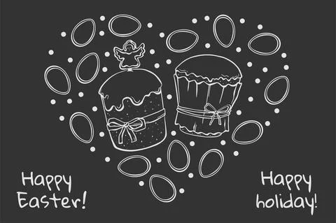 Heart Easter cakes and eggs calk doodle on dark background Stock Illustration