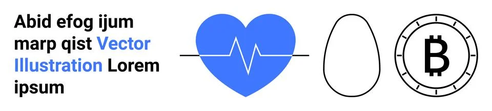 Heart with ECG line, egg shape, Bitcoin symbol, sample text in black and blue Stock Illustration