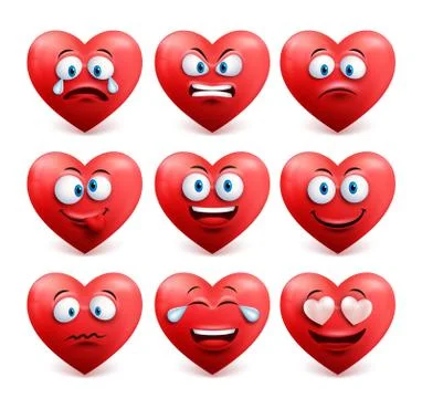 Heart face vector set in red color with funny facial expressions Stock Illustration