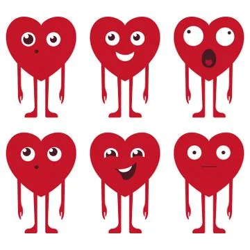 Heart face vector set in red color with funny facial expressions and emotions Stock Illustration
