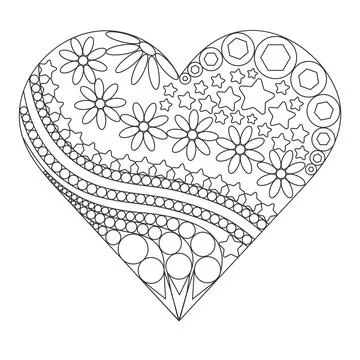 Heart filled with flowers and patterns, vector. Intricate freehand drawing. Illustrazione stock