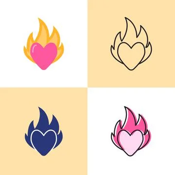 Heart on fire icon set in flat and line styles Stock Illustration
