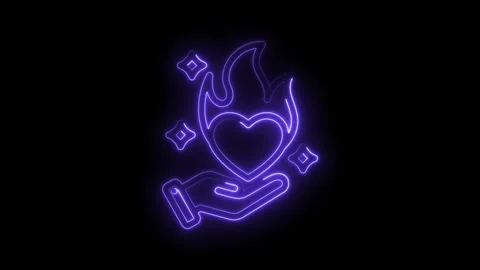 Heart on fire neon hand glowing symbol on dark backdrop motion graphics eleme Stock Footage 345999864