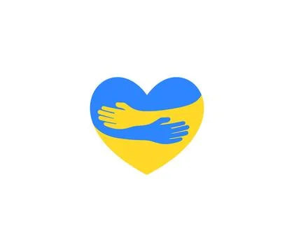 Heart flat shape with hands hugs in blue yellow Ukrainian flag colors logo. UA Stock Illustration