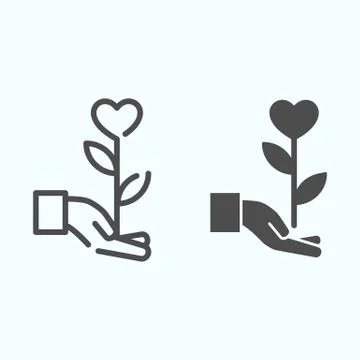 Heart flower line and solid icon. Flower with heart on a hand vector Stock Illustration