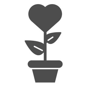 Heart in flowerpot solid icon. Heart shaped flower in pot vector illustration Stock Illustration