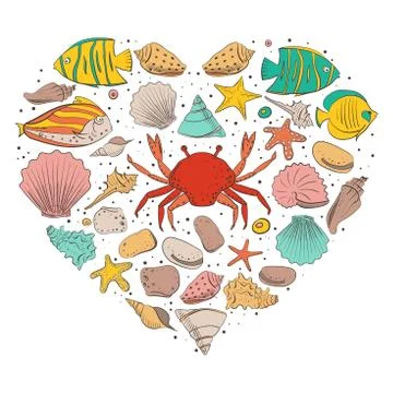 Heart form with shell, starfish, fish, stone. Vector set for design in sea beach Stock Illustration