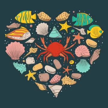 Heart form with shell, starfish, fish, stone. Vector set for design in sea beach Illustrazione stock