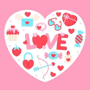 Heart Frame with Love Text Surrounded by Valentine Themed Items Stock Illustration