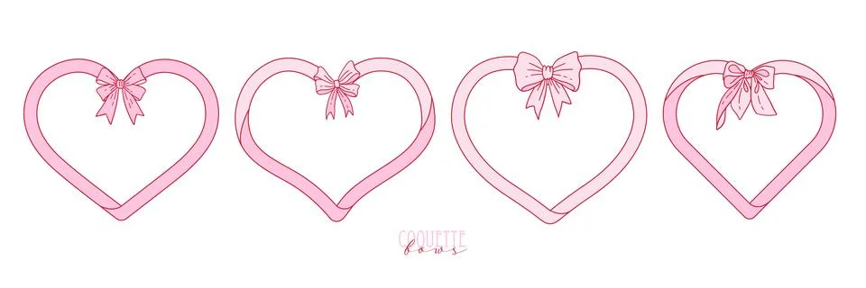 Heart frames with bow and ribbons set. Hand Drawn coquette borders for wedding Stock Illustration