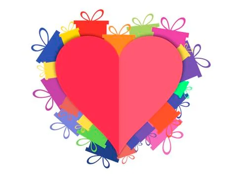 Heart with gift boxes. Festive background postcard. Vector illustration Stock Illustration