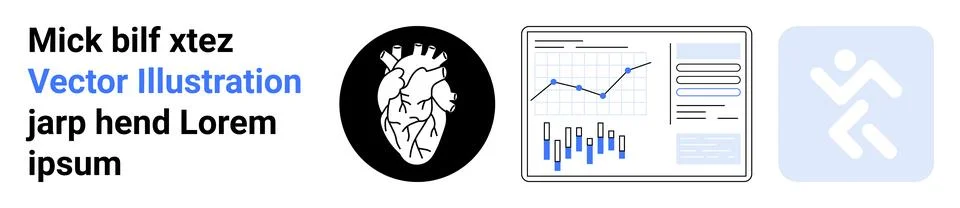 Heart graphic in black circle, analytics dashboard with charts showing data t Stockillustratie