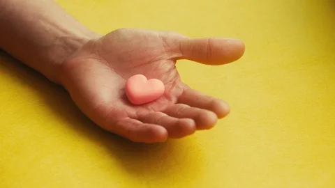 The heart in the hand of a man covers the hands of his wife and small children. Stock Footage 102044098