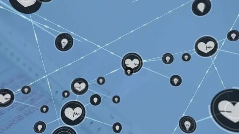 Heart icon appearing above plan sparking node network growing over model 스톡 동영상 331046002