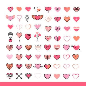 Heart icon big set flat ,pink and thin black Stock Illustration