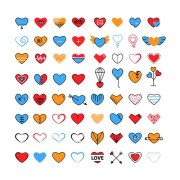 Heart icon big set in flat and line icon style trendy bright modern colors Stock Illustration