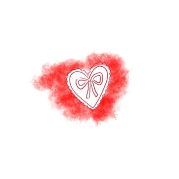 A heart icon with a bow is centered on a red watercolor splash on a white b.. Stock Illustration