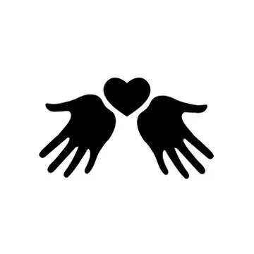 Heart icon in hands. Vector heart icon on palms. Silhouette. Illustrazione stock