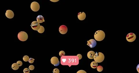 Heart icon with increasing numbers against multiple face emojis floating on blac 스톡 일러스트