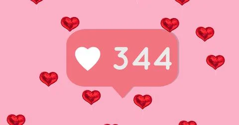 Heart icon with increasing numbers in speech bubble against multiple red hearts Stock Illustration