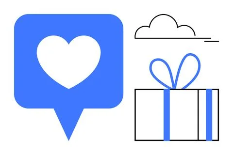 Heart icon inside chat bubble, wrapped gift box with ribbon, cloud in abstrac Stock Illustration
