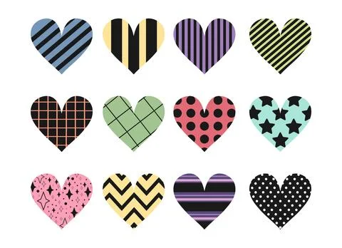 Heart icon set with various patterns. Dots, stripes, stars Stock Illustration