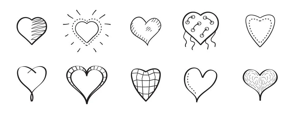 Heart icon vector set in doodle style. Outline hand drawn simple red valentin Illustrazione stock