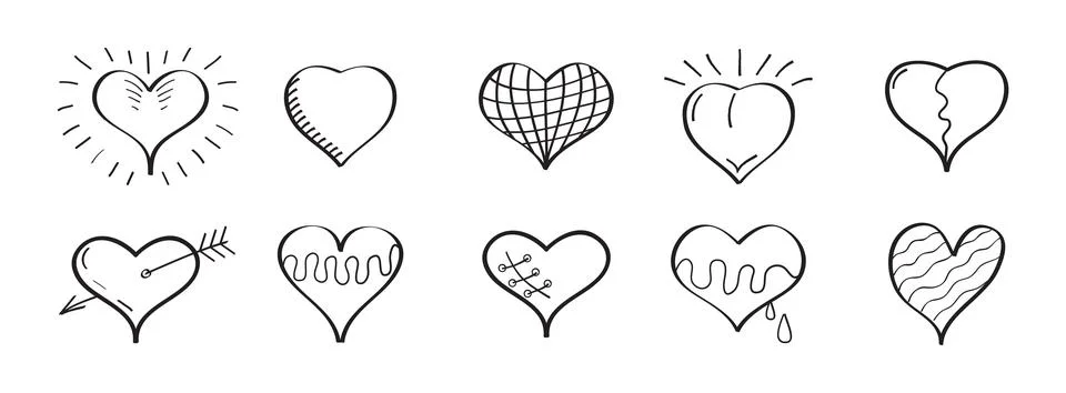 Heart icon vector set in doodle style. Outline hand drawn simple red valentin Illustrazione stock