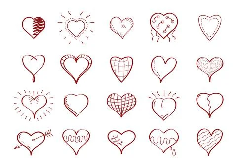 Heart icon vector set in doodle style. Outline hand drawn simple red valentin Illustrazione stock