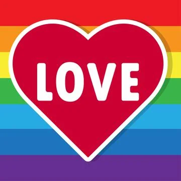 Heart with the inscription love on a striped multi-colored background. Cartoon Stock Illustration