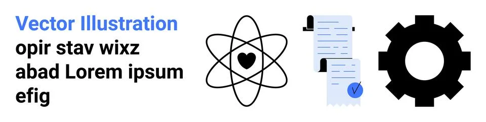 Heart inside Atom, Document with Checkmark, and Gear in Flat Design for Mul.. Illustrazione stock