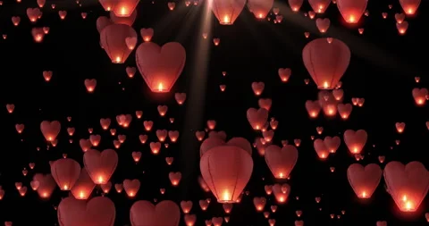Heart Lanterns Floating in the Night Sky – Love Wedding Concept Stock Footage 329560470