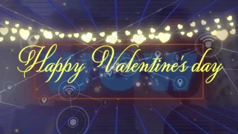 Heart lights blinking, cursive yellow Happy Valentine's day text appearing lines Stock Footage 326975098