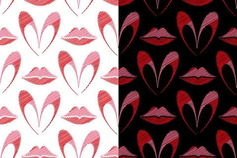 Heart, Lips seamless pattern. Embroidery hand made stitched style cartoon Stock Illustration
