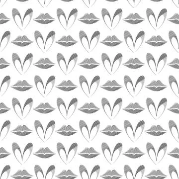 Heart, Lips seamless pattern. Embroidery hand made stitched style cartoon Stock Illustration