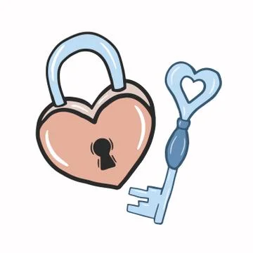Heart lock and key. Vector color illustration in doodle style. Cartoon freeha Stock Illustration