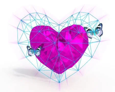 Heart in low poly style with blue butterflies. Stock Illustration