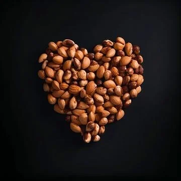 Heart made of brown nuts isolated on black background. Stock Illustration