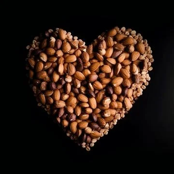 Heart made of brown nuts isolated on black background. Stock Illustration