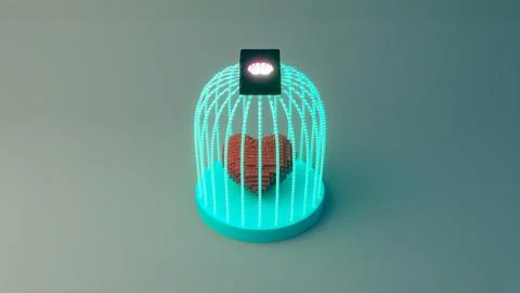 Heart made of cubes under a dome of light strands with an AI chip on top pl.. Illustrazione stock