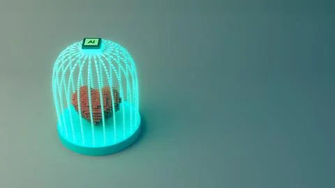 Heart made of cubes under a dome of light strands with an AI chip on top pl.. Illustrazione stock