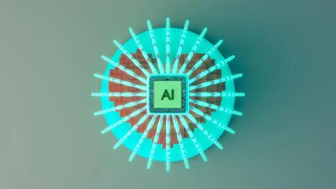 Heart made of cubes under a dome of light strands with an AI chip on top pl.. Illustrazione stock