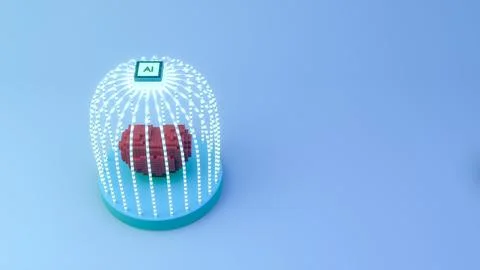 Heart made of cubes under a dome of light strands with an AI chip on top pl.. Illustrazione stock