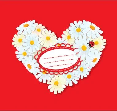 Heart is made of daisies on a red background. valentines day card. Stock Illustration