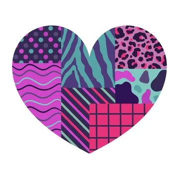 Heart made of different patterns in bright neon colors. Heart made of patches Stock Illustration