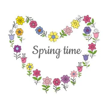 Heart made of different spring flowers. Isolated on a white background. Stock Illustration