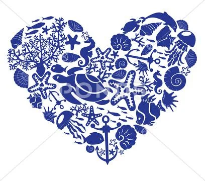 Heart is made of fishes, korals, shells, starfishes, dolphins, seahorses, tor Stock Illustration